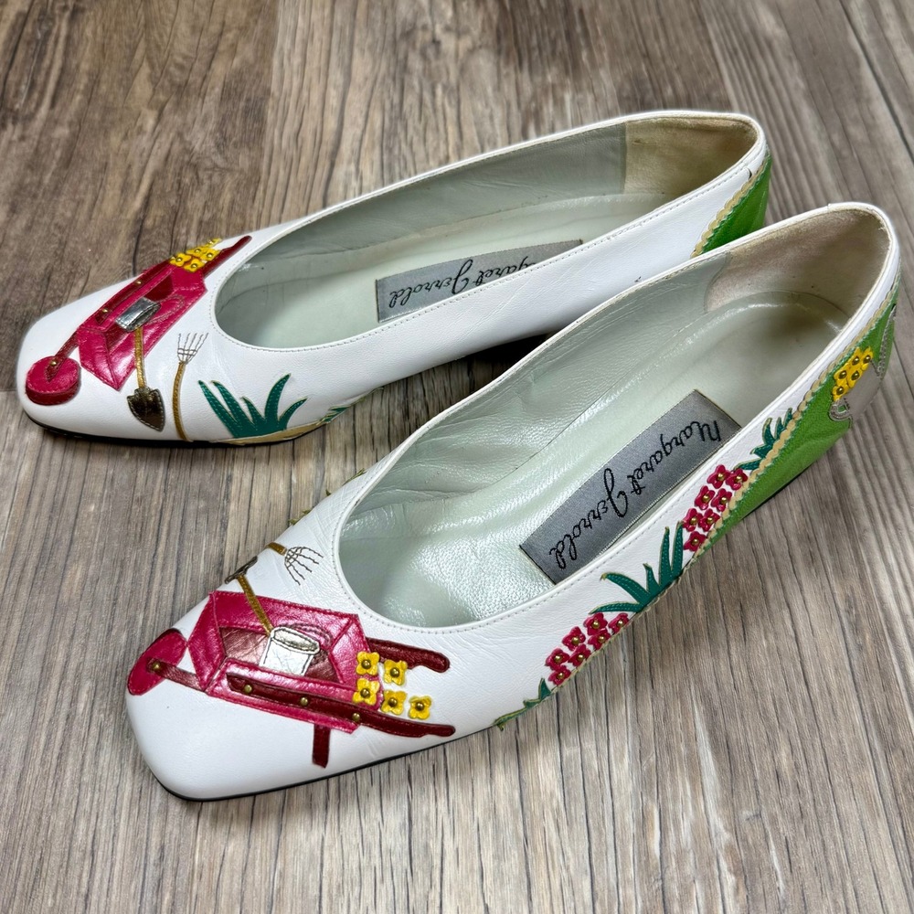 Margaret Jerrold Vintage Artistic Garden Party Leather Block Heel Pumps Spain 6M